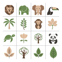 Obraz premium Cute Flat Animal and Plant Icons Set: Lion, Elephant, Toucan, Monkey, Panda, Turtle