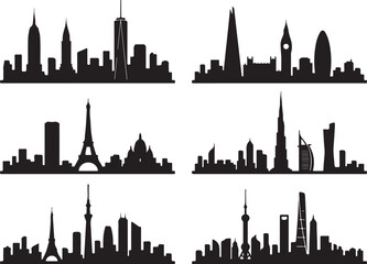 Obraz premium City skylines, urban silhouettes, black cityscapes, 6 cityscape sets