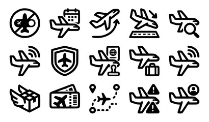 Fototapeta premium Bold airplane icon vector pack for mobile app flight tracking system and travel mode interface
