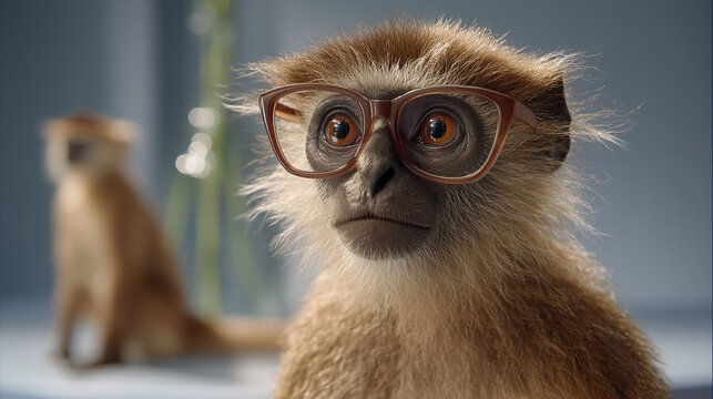 Close-up portrait of a vervet monkey wearing stylish tortoiseshell eyeglasses with eyeglasses