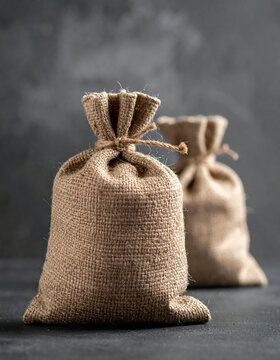 Burlap money bags on dark background, financial investment and savings concept. Close-up.