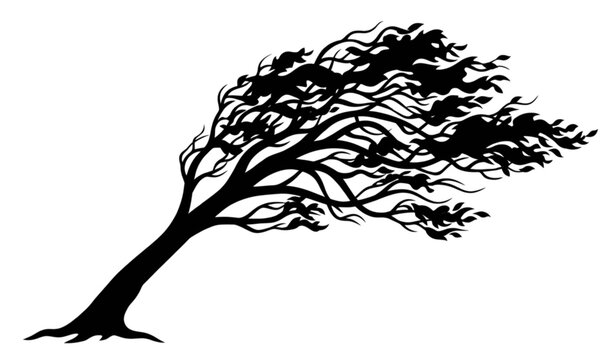 Wind Blown Tree Silhouette Black Dynamic Nature Landscape Icon Vector EPS 10