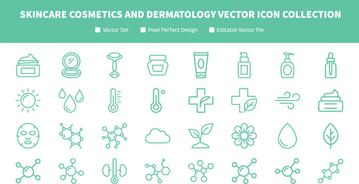 Skincare Cosmetics and Dermatology Vector Icon Collection with Beauty Routine Molecule and Natural Ingredient Symbols for Graphic Design Web Projects
