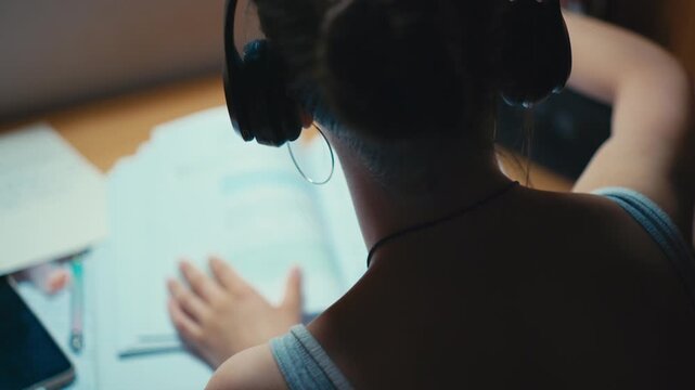 Rear view of a young female student sitting at her desk, wearing over-ear headphones and listening to music while trying to focus on textbook notes. Retro analog cinematic film look, 4k.