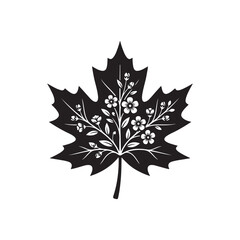 Fototapeta premium Black silhouette of a large maple leaf decorated with intricate floral patterns and small blossoms isolated on a white background for