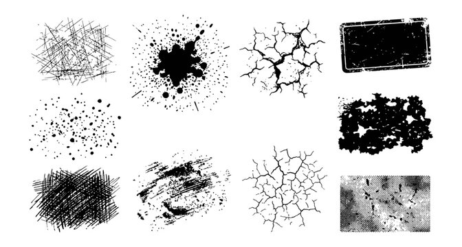 Set of Grungy Distress Textures and Ink Splatter Elements