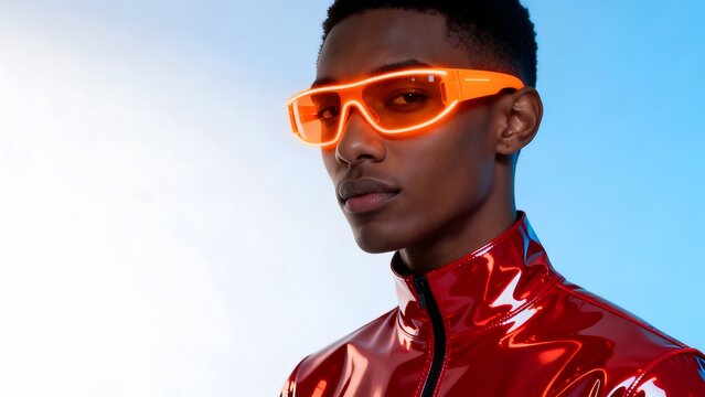 Man in red jacket and glowing orange glasses