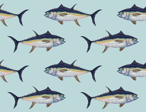 seamless pattern of fresh fish tuna Hand drawn illustration on blue background