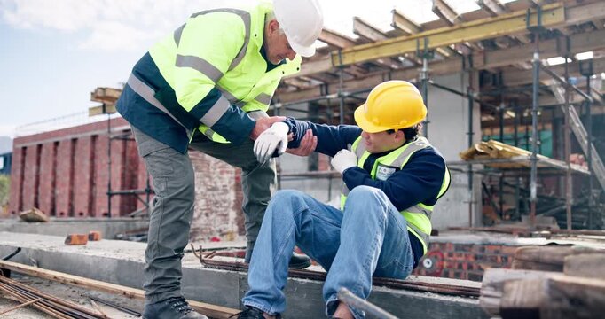 Men, pain and construction workers on site with injury, accident or hurt by building repairs. Outdoor, industry project and contractor helping civil engineer with muscle sprain or inflammation in arm