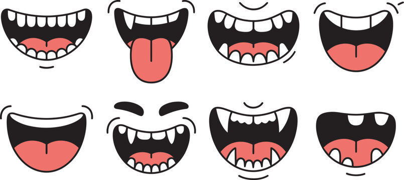 Set of cartoon mouth expressions with teeth and tongues vector illustration featuring expressive emotion symbols for funny reactions, comic characters and playful communication design.