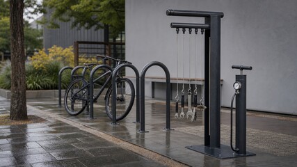 Naklejka na ściany i meble Bike repair station with tools and bike during a cloudy day in a city