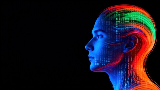 Human head with binary code and colorful data streams
