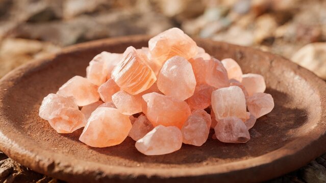 Pink rock salt crystals on clay plate