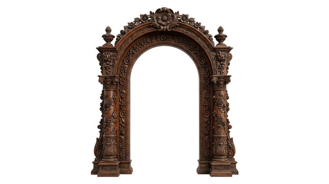 Ornate antique wooden archway with intricate carvings and decorative elements, isolated on white background