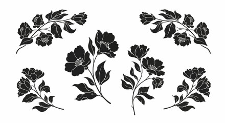 Fototapeta premium Minimalist black floral branch silhouette collection featuring stylized flowers, leaves, and stems isolated on a white background. Detailed botanical vector set for graphic design elements.