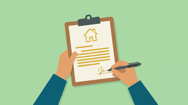 Illustration of hands signing a real estate contract or property agreement