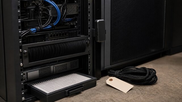 Dust filter and cord setup in a server room at a data center during daytime