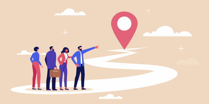 Business team and map marker flat vector illustration with beige background