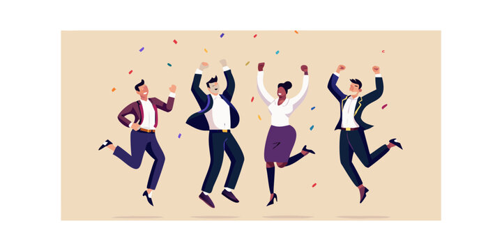 Jumping business people illustration flat vector style with confetti