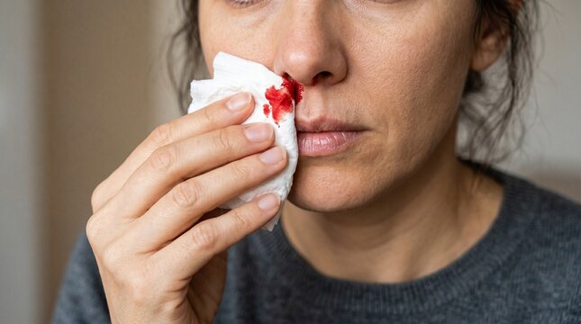A woman holds a white tissue to her nose to stop a sudden nosebleed while showing visible red blood stains in this close up shot.