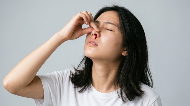 Young woman wearing a plain white shirt pinching her nose bridge to stop a nosebleed while experiencing discomfort with bright studio lighting and soft focus