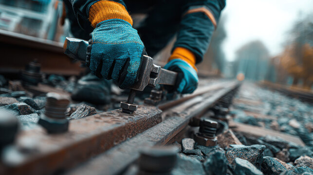 Worker in gloves tightening railroad track bolt with wrench on gravel