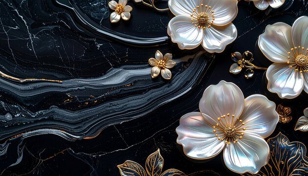 Macro photography of traditional Korean mother-of-pearl craft Najeonchilgi flower texture on black marble background, luxury oriental k-heritage concept