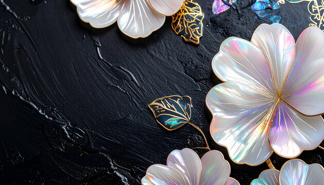 Traditional Korean najeonchilgi mother-of-pearl flower texture on black lacquer background, elegant oriental background with copy space