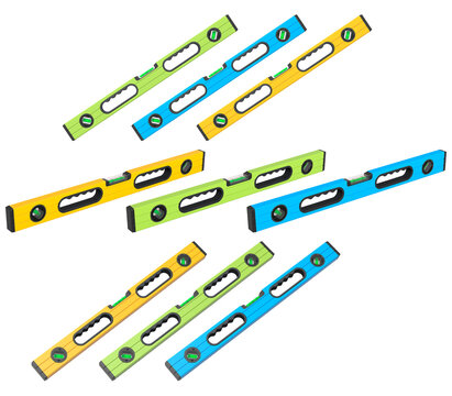 Set of bubble spirit levels with black handles on white background with clipping path, representing construction tools