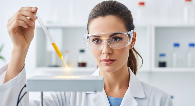 Female scientist holding a pipette with liquid in a laboratory setting