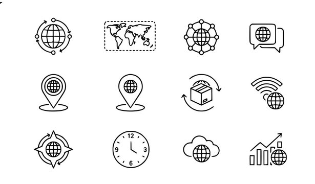 Global Premium Line Icons Set Vector with Worldwide Network and Communication Symbols