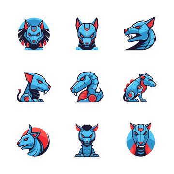Pixel Art Cyberpunk Animal Heads Icons - Blue Robot Dogs, Wolf, Cat, Snake
