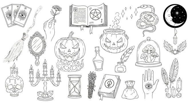 Halloween witchcraft and magic symbols, mystical objects, spooky illustrations, occult background