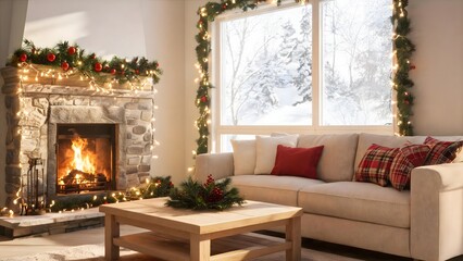 Fototapeta premium Cozy living room with fireplace and Christmas decor