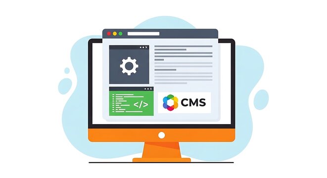 A computer monitor displays a website with a gear icon and CMS logo on screen.