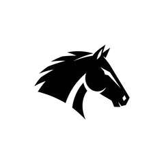 A black silhouette of a stylized horse head with detailed mane and elongated face © rahmat