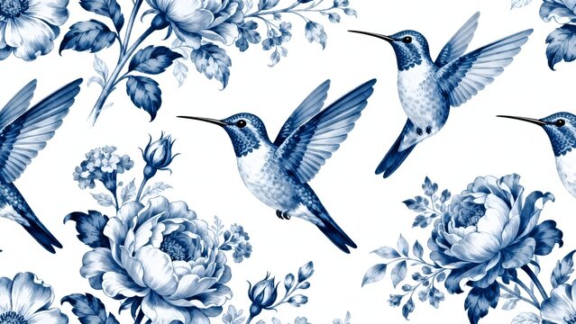 Blue floral pattern with flying hummingbirds