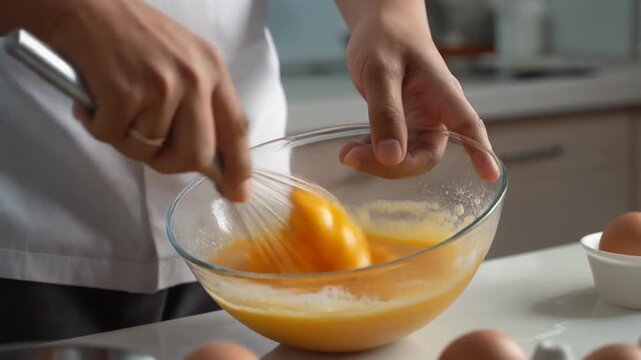 Closeup of hands whisking eggs in a glass bowl for baking.