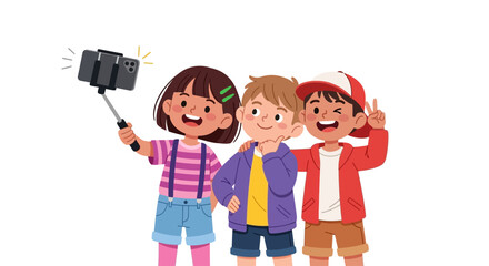 happy children taking selfie, kids friends smiling and waving, cartoon illustration for kids background © London