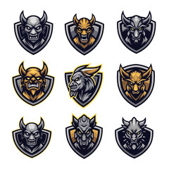 Obraz premium Set of 9 Fantasy Creature Emblems, Demon and Monster Heads on Shields, Esports Logos