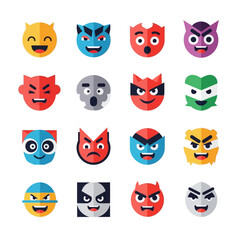 Obraz premium Set of 16 Colorful Monster Faces Emojis, Cartoon Characters, Diverse Emotions