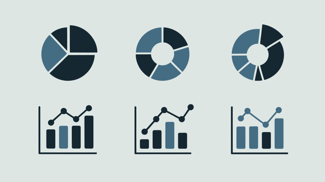 Set of three circular infographics with pie charts and bar graphs representing data analysis and business metrics infographics analysis business statistics visualization presentation dashboard
