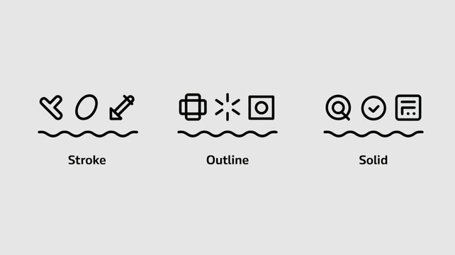 Three types of vector illustration styles: stroke outline solid with illustration graphics representation iconography graphicdesign vectorart vectorstyle