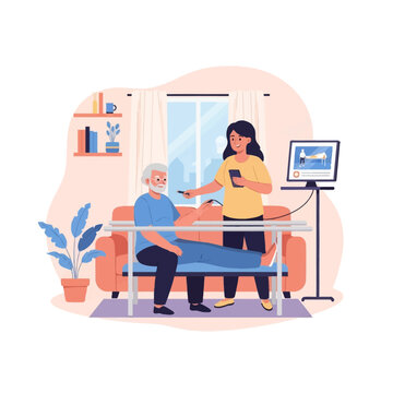 Modern vector illustration of an elderly senior man undergoing physical therapy at home with a female caregiver using digital health monitoring technology and a computer screen.
