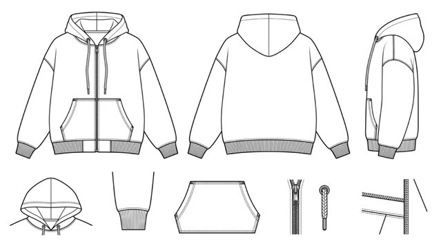 Fashion CAD Tech Pack Template for Oversized Streetwear Hoodie with Rib Cuff Details Zipper Drawstring Specifications and Technical Flats