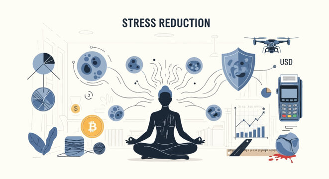 Stress reduction concept illustration with woman silhouette in lotus pose surrounded by financial data, pie charts, bitcoin, credit card terminal, drone, shield, and business growth graphs.