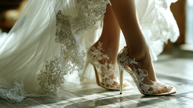 A High-Detail Macro Shot of a Bride's Legs Wearing Intricate Lace Wedding Heels