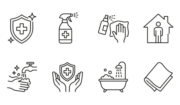 Hygiene and disinfection outline icons set isolated on white background thin line stroke vector illustration hand washing medical sanitization design