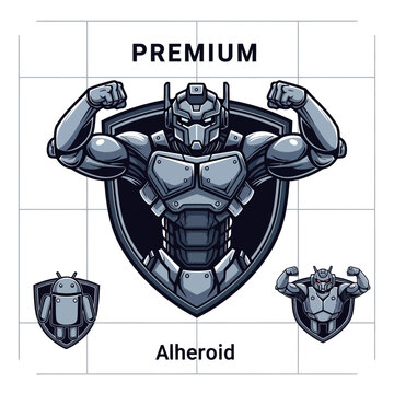 Strong Robot Mascot on Shield, Premium Quality, Tech Mascot Logo