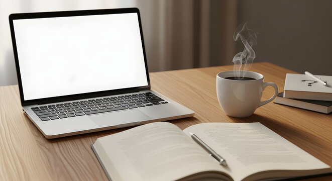 Comfortable remote work desk with a laptop, hot coffee, and open book, perfect for focused study sessions and productive home office tasks